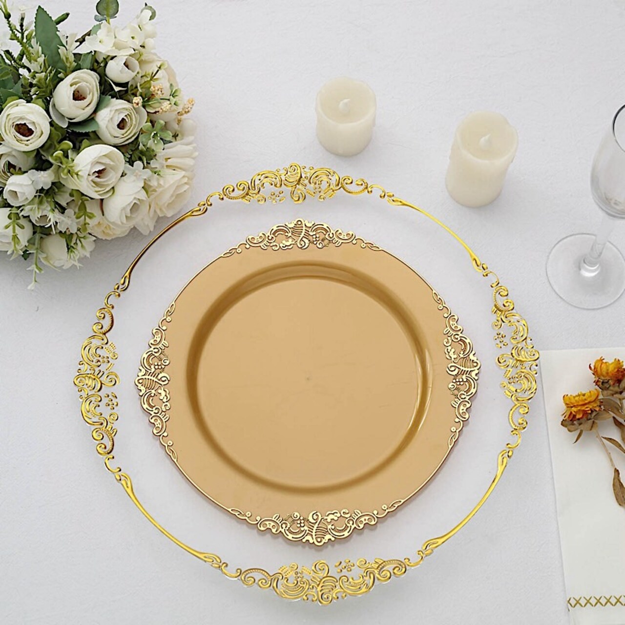 10 Pcs Disposable Plastic Salad Dinner Plates Embossed Baroque Trim Party
